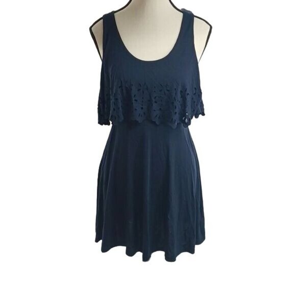 Alya Womens Size XS Navy Blue Sleeveless Dress Eyelet Ruffle Overlay Casual - Picture 1 of 8
